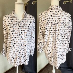 Jane + Delancey Birds on a Wire Rayon Button Down Shirt Womens Large Neutral